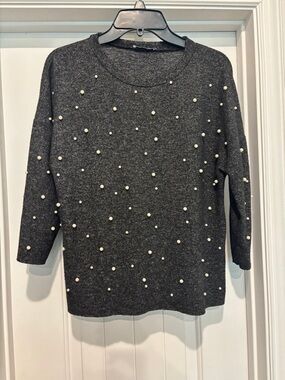 Zara Charcoal Crewneck Sweater with Pearl Studs size S